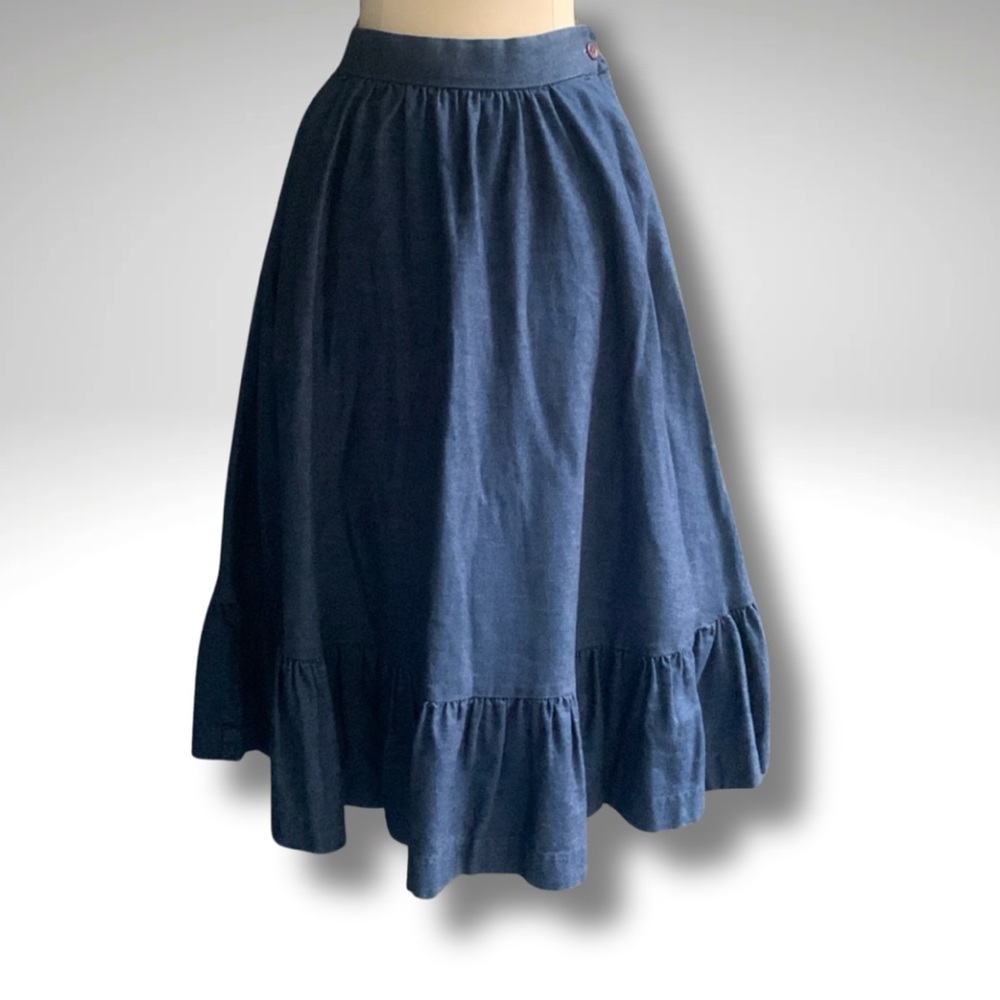 Vintage Ruffle Hem High Waist Cottagecore Prairie Denim Midi Skirt Size 2